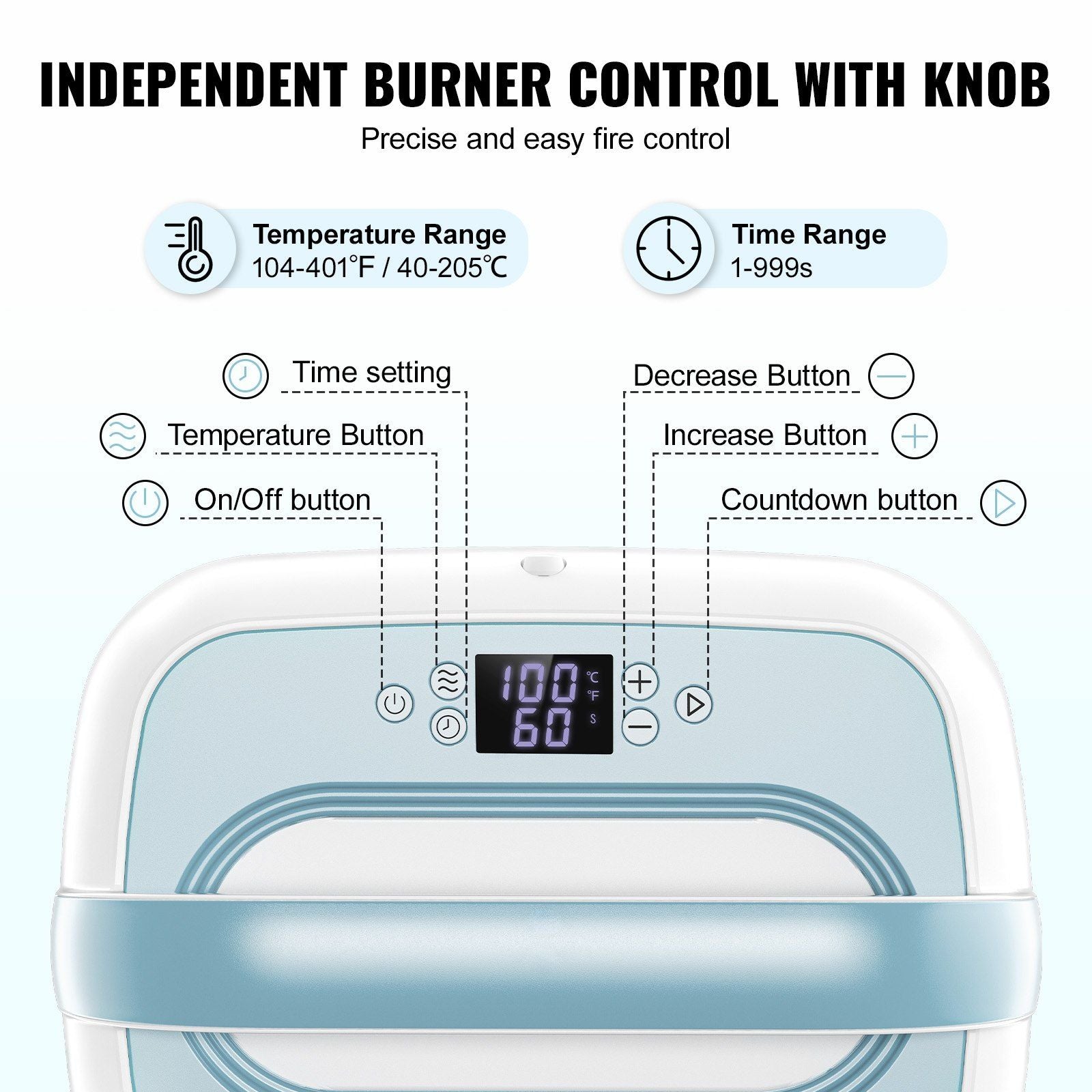 Showing temperature range104-401 degree F, time range of 1-999s, time setting button, temperature button, on/off button, decrease button, increase button, countdown button