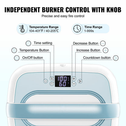 Showing temperature range104-401 degree F, time range of 1-999s, time setting button, temperature button, on/off button, decrease button, increase button, countdown button