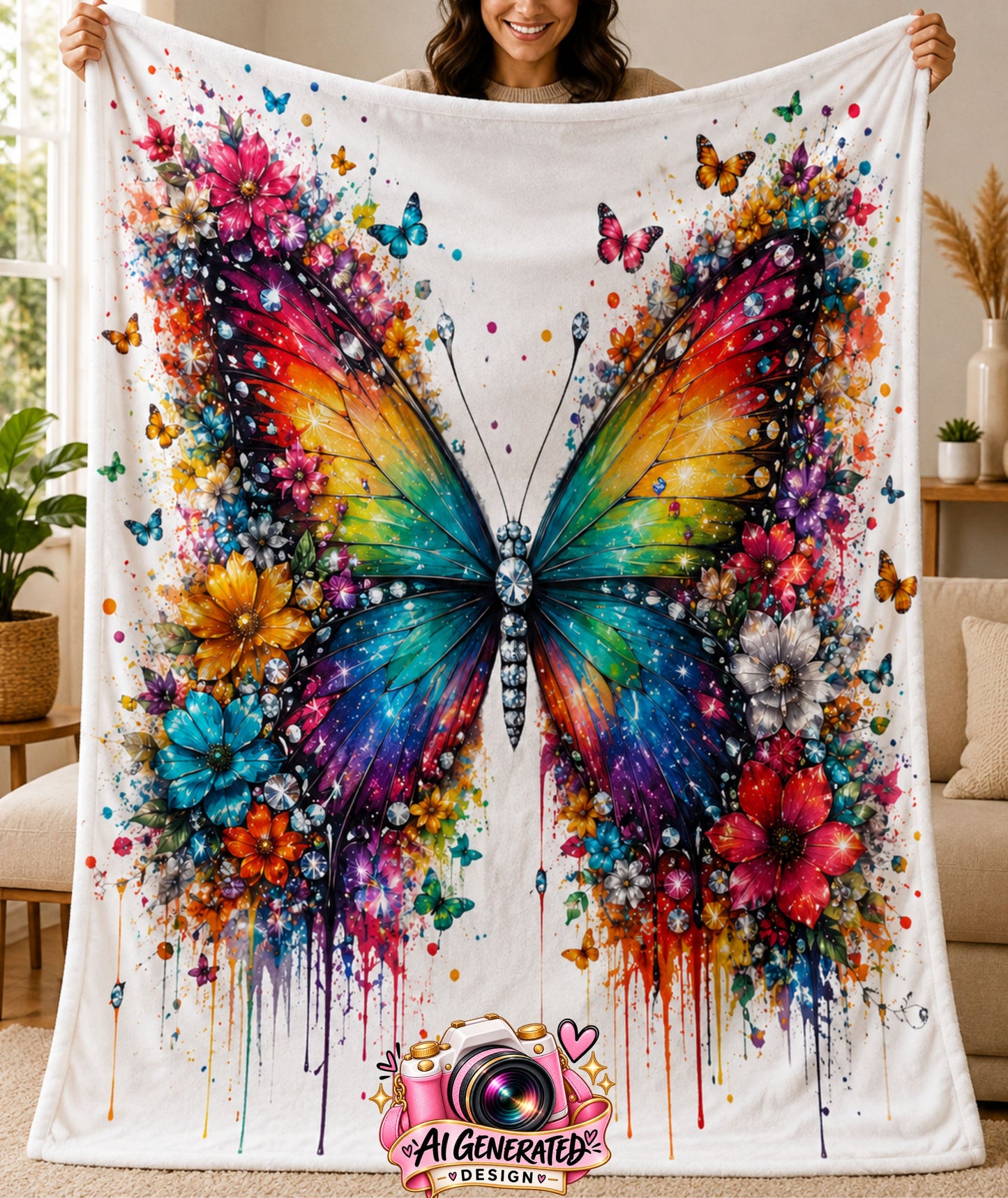 A person holds up a white blanket featuring a large, vibrant, multicolored butterfly design with watercolor-style splashes of red, orange, yellow, green, blue, and purple flowers. The blanket is shown in a living room setting.