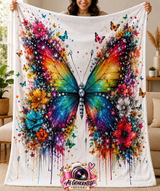 A person holds up a white blanket featuring a large, vibrant, multicolored butterfly design with watercolor-style splashes of red, orange, yellow, green, blue, and purple flowers. The blanket is shown in a living room setting.