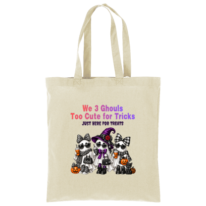 Natural bag with three cute ghost friends wearing Halloween accessories with leopard print, buffalo plaid, sunglasses, bows, and a purple witch hat, with orange and purple lettering reading “We 3 Ghouls Too Cute for Tricks” and “Just Here for Treats” on a transparent background
