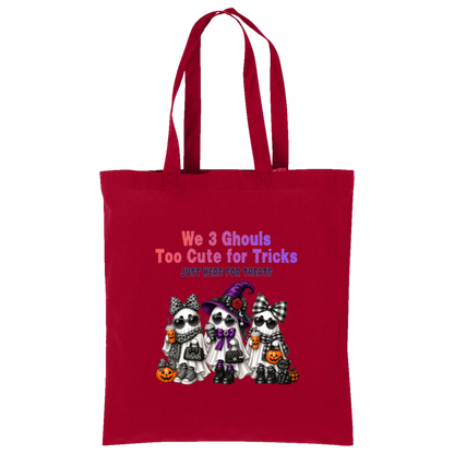 Red bag with three cute ghost friends wearing Halloween accessories with leopard print, buffalo plaid, sunglasses, bows, and a purple witch hat, with orange and purple lettering reading “We 3 Ghouls Too Cute for Tricks” and “Just Here for Treats” on a transparent background