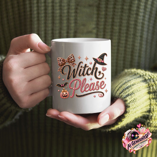 A person holding a white ceramic mug with a 'Witch Please' Halloween graphic. The graphic features brown cursive text, a witch hat, bats, and a pumpkin decorated with leopard print spots.