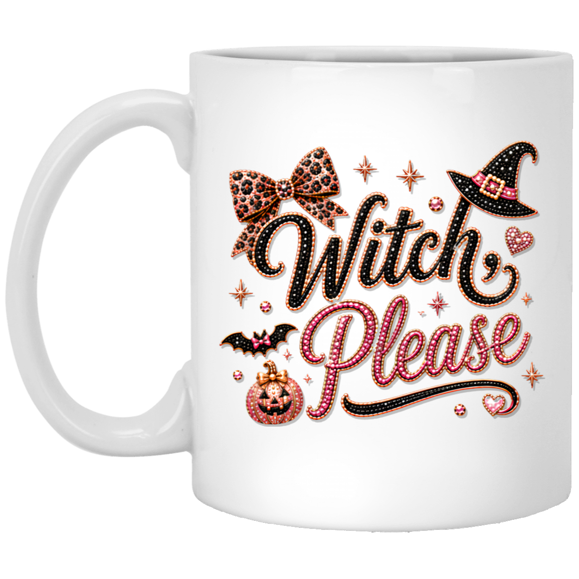 A white ceramic mug featuring a decorative 'Witch Please' graphic with a leopard-print bow, a witch hat, a bat, a jack-o'-lantern, and pink glitter-style lettering on a transparent background.