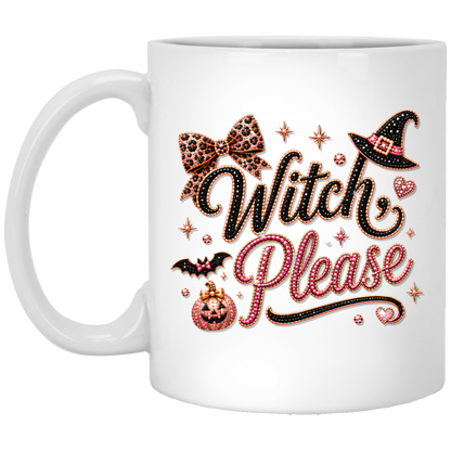 A white ceramic mug featuring a decorative 'Witch Please' graphic with a leopard-print bow, a witch hat, a bat, a jack-o'-lantern, and pink glitter-style lettering on a transparent background.