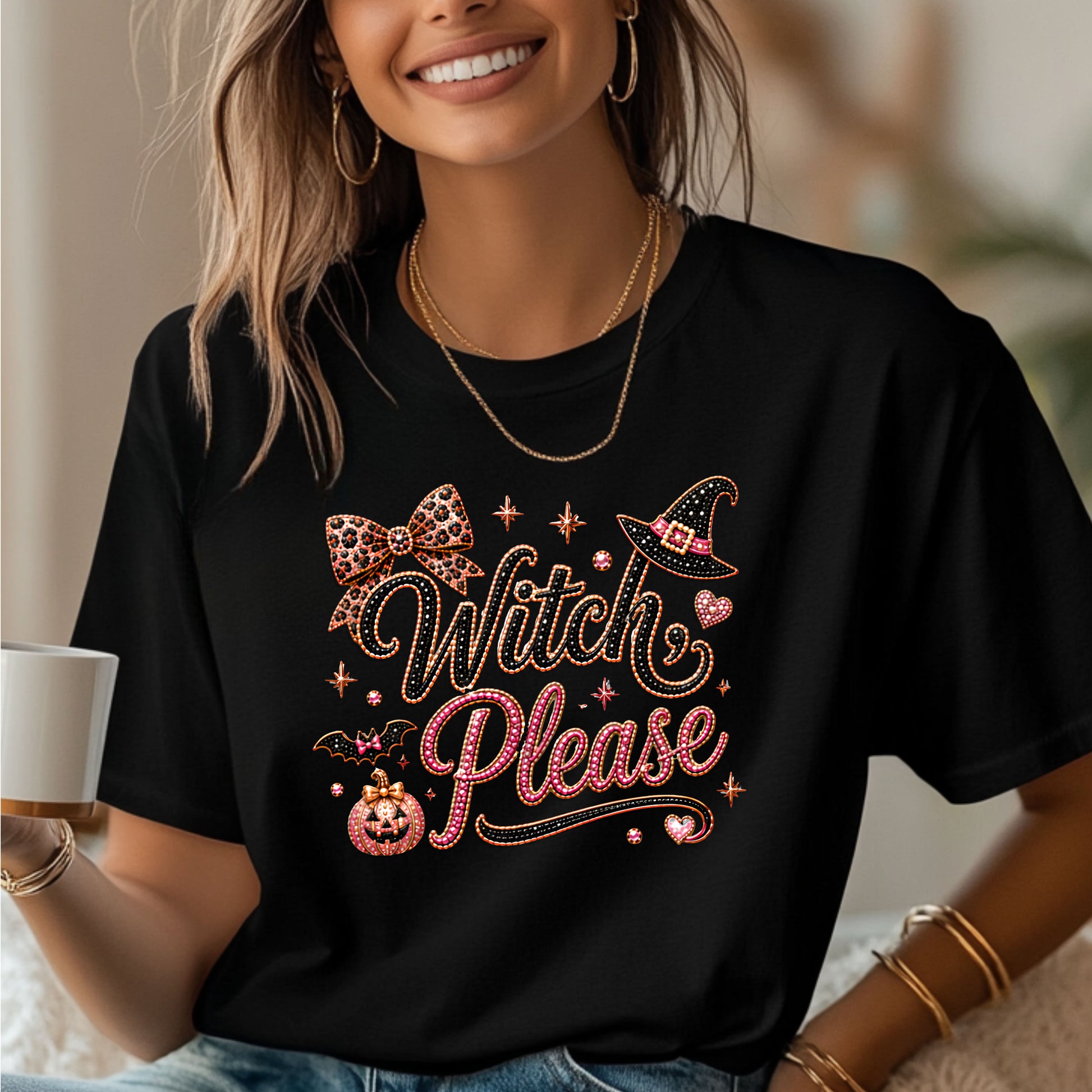 A woman wearing a black graphic t-shirt with a 'Witch Please' Halloween design in pink glitter-style lettering, featuring a witch hat, leopard print bow, and jack-o'-lantern.