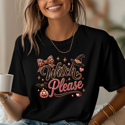 A woman wearing a black graphic t-shirt with a 'Witch Please' Halloween design in pink glitter-style lettering, featuring a witch hat, leopard print bow, and jack-o'-lantern.