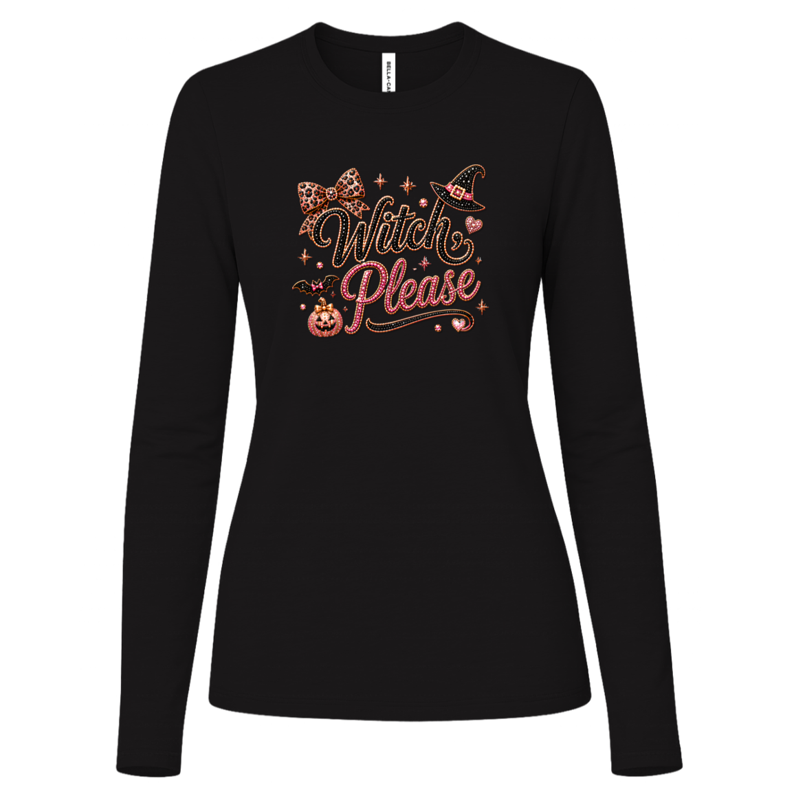 Black long sleeve Glam Halloween “Witch Please” graphic featuring black and pink decorative lettering with leopard-print accents, a black witch hat with a pink band, pink bow, bats, pumpkin, hearts, stars, and sparkling jewel-like details on a light background.
