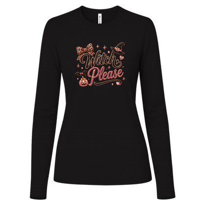 Black long sleeve Glam Halloween “Witch Please” graphic featuring black and pink decorative lettering with leopard-print accents, a black witch hat with a pink band, pink bow, bats, pumpkin, hearts, stars, and sparkling jewel-like details on a light background.