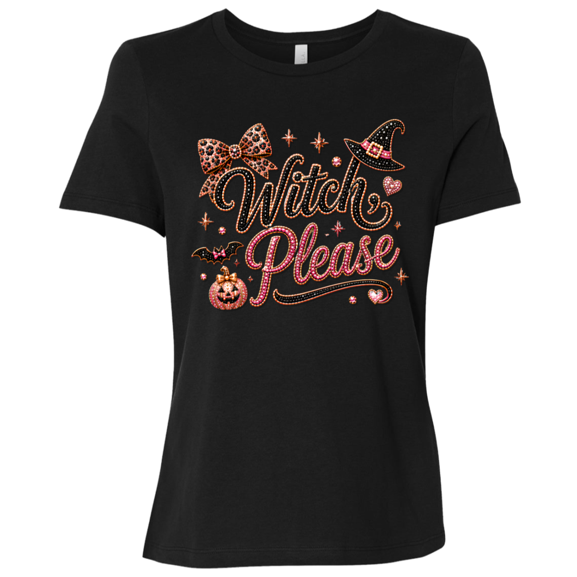 Black Glam Halloween “Witch Please” graphic featuring black and pink decorative lettering with leopard-print accents, a black witch hat with a pink band, pink bow, bats, pumpkin, hearts, stars, and sparkling jewel-like details on a light background.