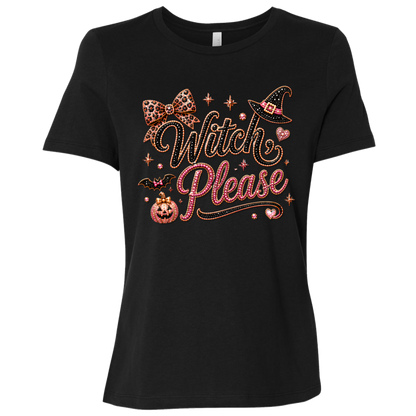 Black Glam Halloween “Witch Please” graphic featuring black and pink decorative lettering with leopard-print accents, a black witch hat with a pink band, pink bow, bats, pumpkin, hearts, stars, and sparkling jewel-like details on a light background.