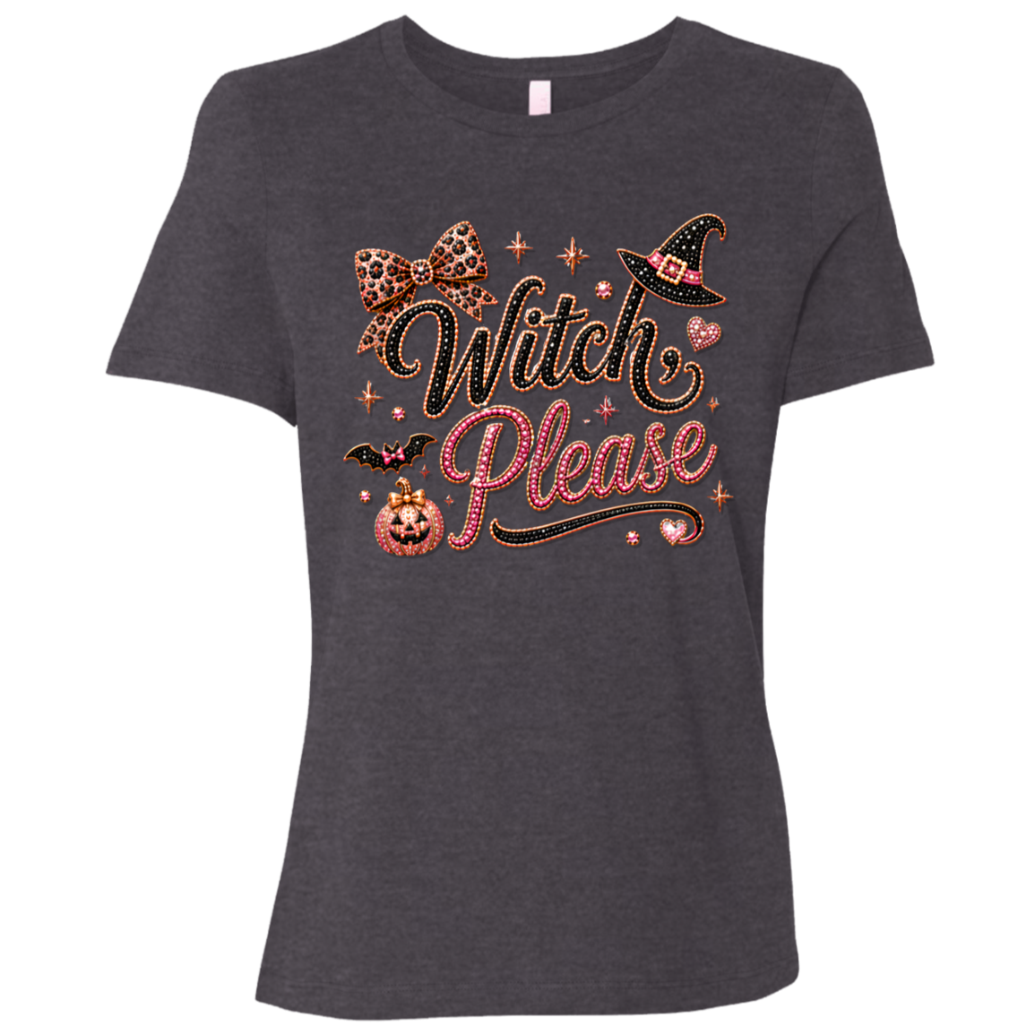 Dark Grey Heather Glam Halloween “Witch Please” graphic featuring black and pink decorative lettering with leopard-print accents, a black witch hat with a pink band, pink bow, bats, pumpkin, hearts, stars, and sparkling jewel-like details on a light background.