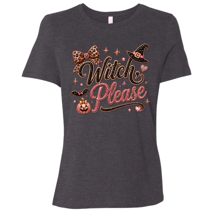 Dark Grey Heather Glam Halloween “Witch Please” graphic featuring black and pink decorative lettering with leopard-print accents, a black witch hat with a pink band, pink bow, bats, pumpkin, hearts, stars, and sparkling jewel-like details on a light background.