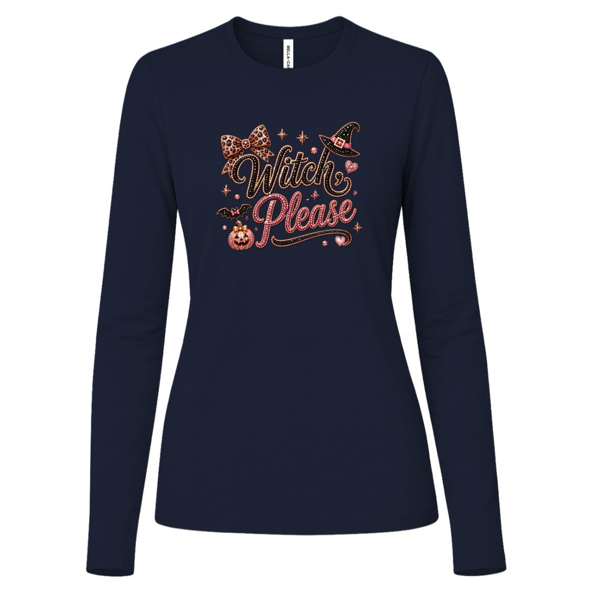 Navy long sleeve Glam Halloween “Witch Please” graphic featuring black and pink decorative lettering with leopard-print accents, a black witch hat with a pink band, pink bow, bats, pumpkin, hearts, stars, and sparkling jewel-like details on a light background.
