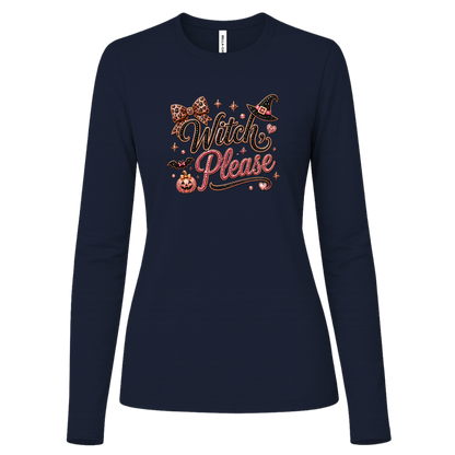 Navy long sleeve Glam Halloween “Witch Please” graphic featuring black and pink decorative lettering with leopard-print accents, a black witch hat with a pink band, pink bow, bats, pumpkin, hearts, stars, and sparkling jewel-like details on a light background.