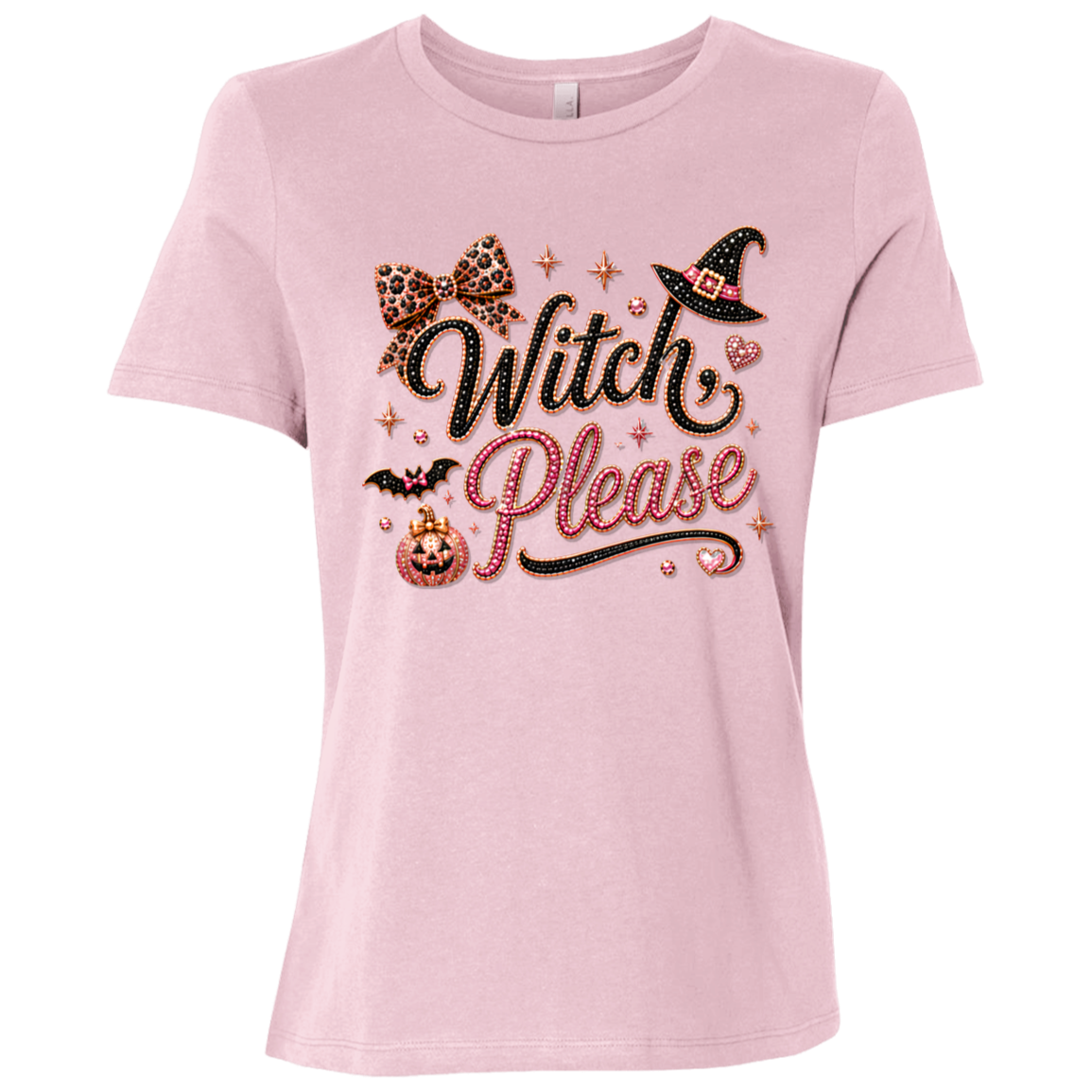 Pink Glam Halloween “Witch Please” graphic featuring black and pink decorative lettering with leopard-print accents, a black witch hat with a pink band, pink bow, bats, pumpkin, hearts, stars, and sparkling jewel-like details on a light background.