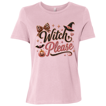 Pink Glam Halloween “Witch Please” graphic featuring black and pink decorative lettering with leopard-print accents, a black witch hat with a pink band, pink bow, bats, pumpkin, hearts, stars, and sparkling jewel-like details on a light background.
