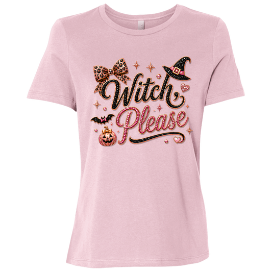 Pink Glam Halloween “Witch Please” graphic featuring black and pink decorative lettering with leopard-print accents, a black witch hat with a pink band, pink bow, bats, pumpkin, hearts, stars, and sparkling jewel-like details on a light background.