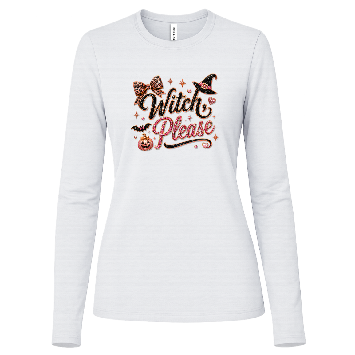 White long sleeve Glam Halloween “Witch Please” graphic featuring black and pink decorative lettering with leopard-print accents, a black witch hat with a pink band, pink bow, bats, pumpkin, hearts, stars, and sparkling jewel-like details on a light background.
