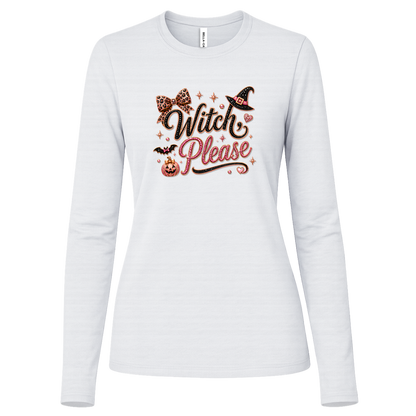 White long sleeve Glam Halloween “Witch Please” graphic featuring black and pink decorative lettering with leopard-print accents, a black witch hat with a pink band, pink bow, bats, pumpkin, hearts, stars, and sparkling jewel-like details on a light background.