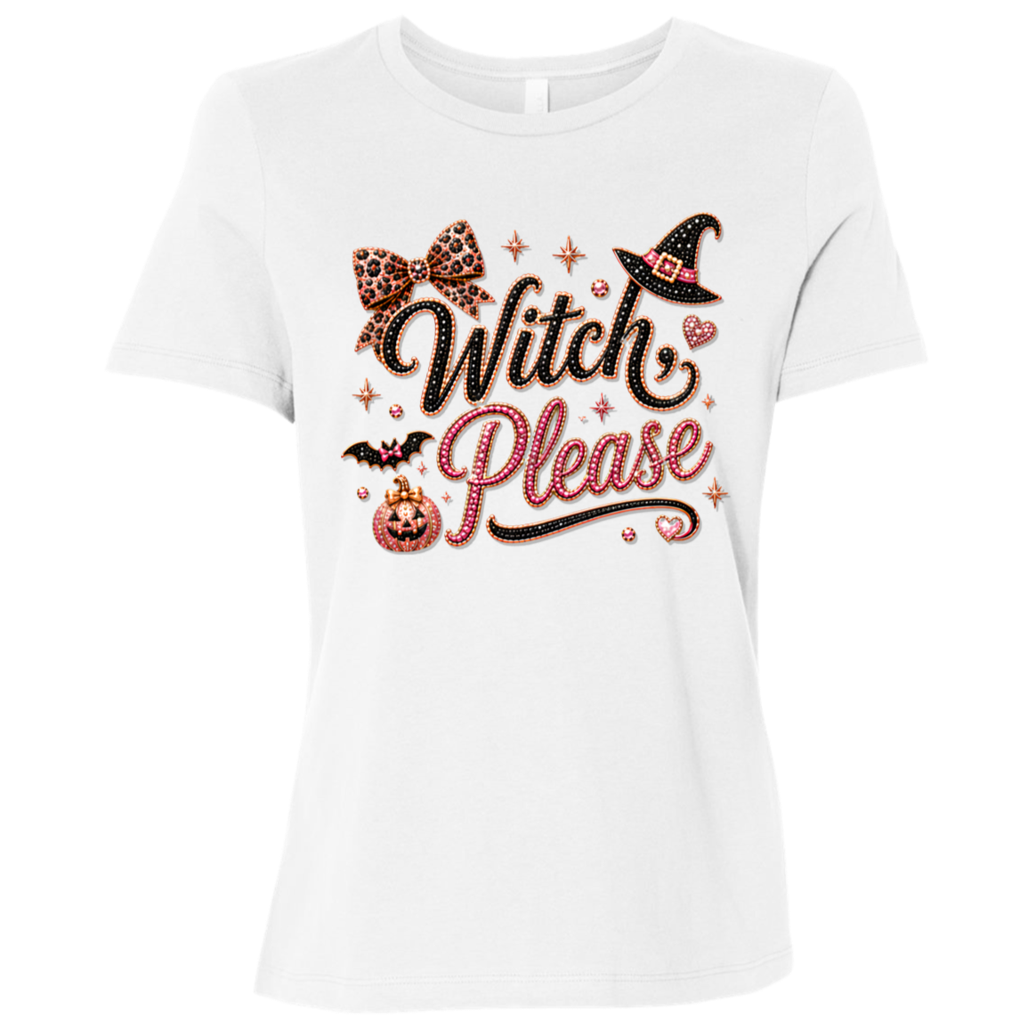 White Glam Halloween “Witch Please” graphic featuring black and pink decorative lettering with leopard-print accents, a black witch hat with a pink band, pink bow, bats, pumpkin, hearts, stars, and sparkling jewel-like details on a light background.