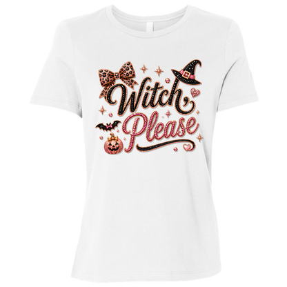 White Glam Halloween “Witch Please” graphic featuring black and pink decorative lettering with leopard-print accents, a black witch hat with a pink band, pink bow, bats, pumpkin, hearts, stars, and sparkling jewel-like details on a light background.