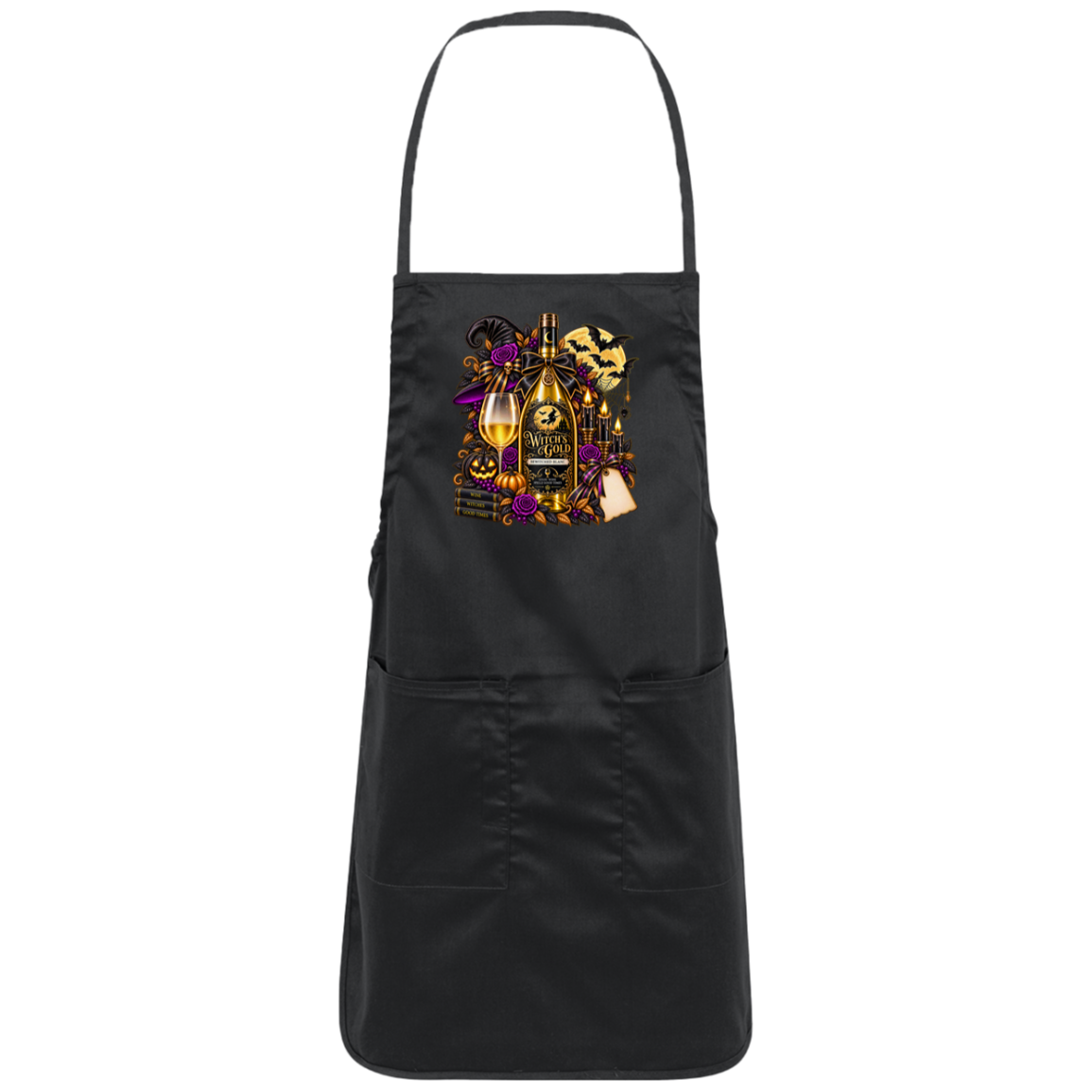 Black apron with an elegant gothic Halloween design featuring an ornate golden bottle labeled “Witch's Gold,” surrounded by purple roses, black foliage, pumpkins, glowing candles, bats, spiderwebs, a witch hat, moon, and black-and-purple decorative ribbons on a transparent background