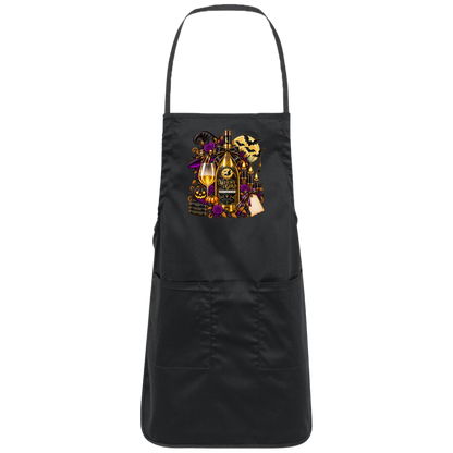 Black apron with an elegant gothic Halloween design featuring an ornate golden bottle labeled “Witch's Gold,” surrounded by purple roses, black foliage, pumpkins, glowing candles, bats, spiderwebs, a witch hat, moon, and black-and-purple decorative ribbons on a transparent background