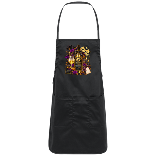 Black apron with an elegant gothic Halloween design featuring an ornate golden bottle labeled “Witch's Gold,” surrounded by purple roses, black foliage, pumpkins, glowing candles, bats, spiderwebs, a witch hat, moon, and black-and-purple decorative ribbons on a transparent background