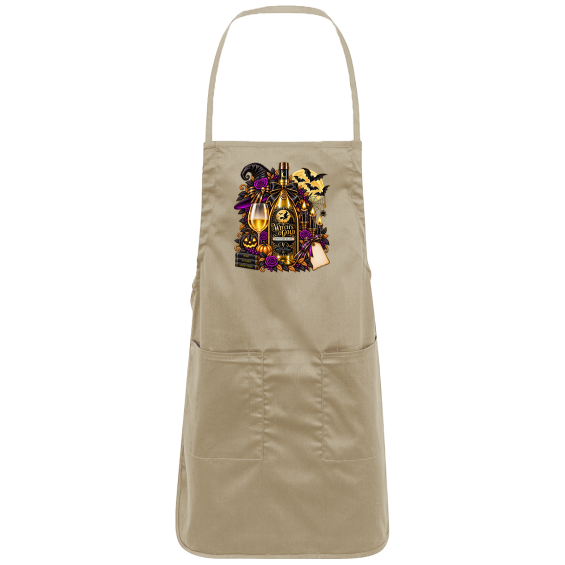 Khaki apron with an elegant gothic Halloween design featuring an ornate golden bottle labeled “Witch's Gold,” surrounded by purple roses, black foliage, pumpkins, glowing candles, bats, spiderwebs, a witch hat, moon, and black-and-purple decorative ribbons on a transparent background