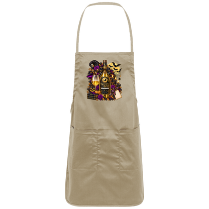 Khaki apron with an elegant gothic Halloween design featuring an ornate golden bottle labeled “Witch's Gold,” surrounded by purple roses, black foliage, pumpkins, glowing candles, bats, spiderwebs, a witch hat, moon, and black-and-purple decorative ribbons on a transparent background