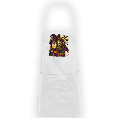 White apron with an elegant gothic Halloween design featuring an ornate golden bottle labeled “Witch's Gold,” surrounded by purple roses, black foliage, pumpkins, glowing candles, bats, spiderwebs, a witch hat, moon, and black-and-purple decorative ribbons on a transparent background