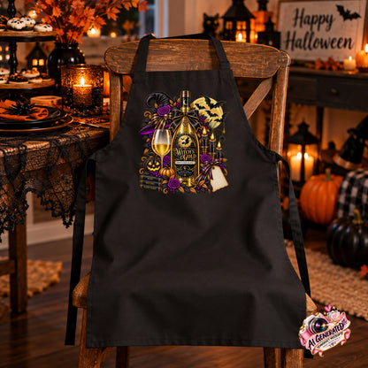 A black apron with a detailed Halloween-themed graphic print featuring a Wine bottle, wine glass, pumpkins, and purple flowers, hanging on a wooden chair in a decorated Halloween room.