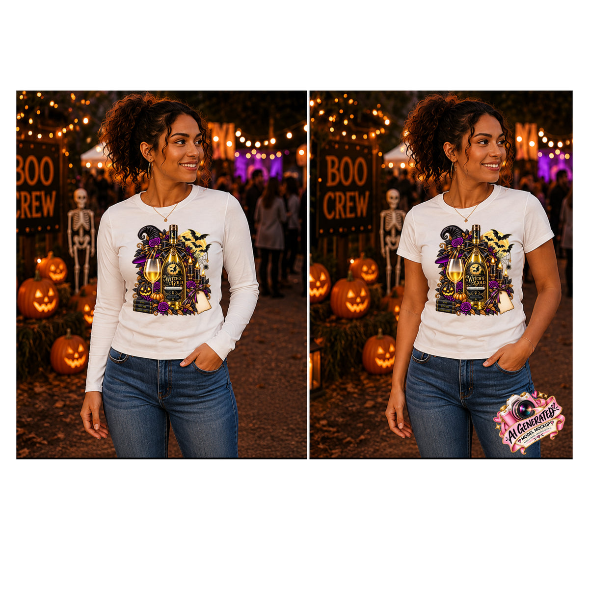 A side-by-side comparison of a woman wearing a white long-sleeve and t-shirt with a Halloween-themed graphic print featuring a wine bottle, pumpkins, and purple bats. The image shows her in a park at night with string lights and a 'BOO CREW' sign.