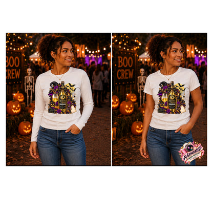 A side-by-side comparison of a woman wearing a white long-sleeve and t-shirt with a Halloween-themed graphic print featuring a wine bottle, pumpkins, and purple bats. The image shows her in a park at night with string lights and a 'BOO CREW' sign.
