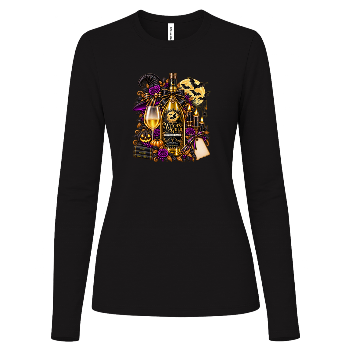 Black long sleeve shirt with an elegant gothic Halloween design featuring an ornate golden bottle labeled “Witch's Gold,” surrounded by purple roses, black foliage, pumpkins, glowing candles, bats, spiderwebs, a witch hat, moon, and black-and-purple decorative ribbons on a transparent background