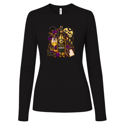 Black long sleeve shirt with an elegant gothic Halloween design featuring an ornate golden bottle labeled “Witch's Gold,” surrounded by purple roses, black foliage, pumpkins, glowing candles, bats, spiderwebs, a witch hat, moon, and black-and-purple decorative ribbons on a transparent background