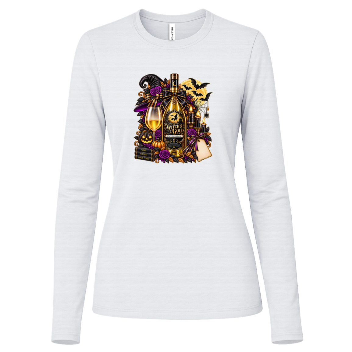 White long sleeve shirt with an elegant gothic Halloween design featuring an ornate golden bottle labeled “Witch's Gold,” surrounded by purple roses, black foliage, pumpkins, glowing candles, bats, spiderwebs, a witch hat, moon, and black-and-purple decorative ribbons on a transparent background