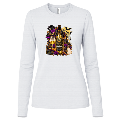 White long sleeve shirt with an elegant gothic Halloween design featuring an ornate golden bottle labeled “Witch's Gold,” surrounded by purple roses, black foliage, pumpkins, glowing candles, bats, spiderwebs, a witch hat, moon, and black-and-purple decorative ribbons on a transparent background