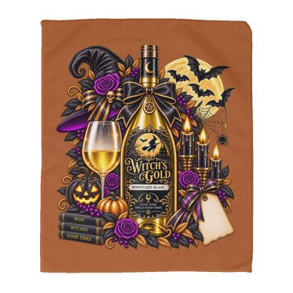 Burnt Orange rally towel with an elegant gothic Halloween design featuring an ornate golden bottle labeled “Witch's Gold,” surrounded by purple roses, black foliage, pumpkins, glowing candles, bats, spiderwebs, a witch hat, moon, and black-and-purple decorative ribbons on a transparent background