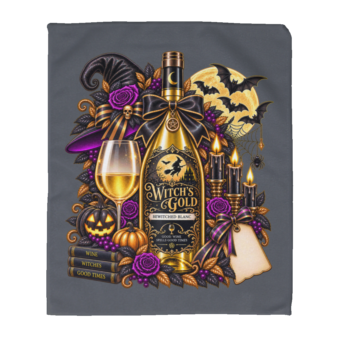 Grey rally towel with an elegant gothic Halloween design featuring an ornate golden bottle labeled “Witch's Gold,” surrounded by purple roses, black foliage, pumpkins, glowing candles, bats, spiderwebs, a witch hat, moon, and black-and-purple decorative ribbons on a transparent background
