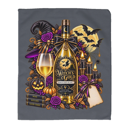 Grey rally towel with an elegant gothic Halloween design featuring an ornate golden bottle labeled “Witch's Gold,” surrounded by purple roses, black foliage, pumpkins, glowing candles, bats, spiderwebs, a witch hat, moon, and black-and-purple decorative ribbons on a transparent background