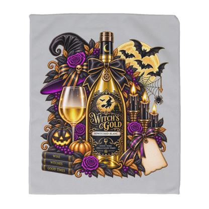 Silver rally towel with an elegant gothic Halloween design featuring an ornate golden bottle labeled “Witch's Gold,” surrounded by purple roses, black foliage, pumpkins, glowing candles, bats, spiderwebs, a witch hat, moon, and black-and-purple decorative ribbons on a transparent background