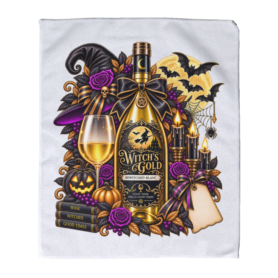 White rally towel with an elegant gothic Halloween design featuring an ornate golden bottle labeled “Witch's Gold,” surrounded by purple roses, black foliage, pumpkins, glowing candles, bats, spiderwebs, a witch hat, moon, and black-and-purple decorative ribbons on a transparent background