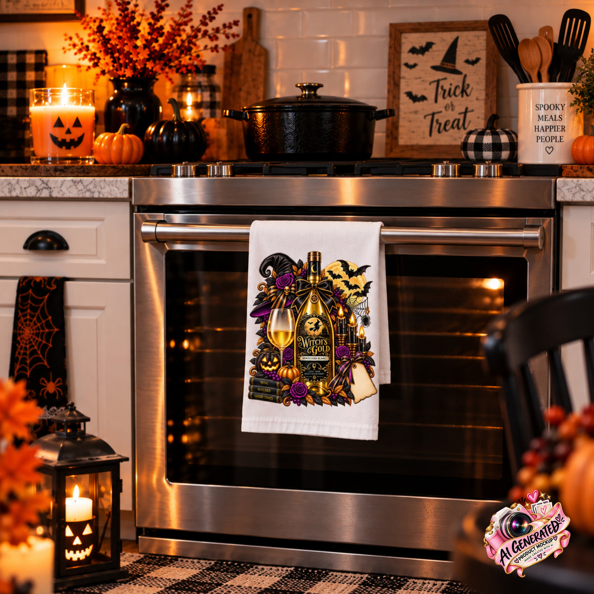 A white towel with a Halloween-themed wine bottle and grapes graphic hangs from the handle of a stainless steel oven in a decorated fall kitchen. The scene includes pumpkins, candles, a Dutch oven, and autumn decorations.