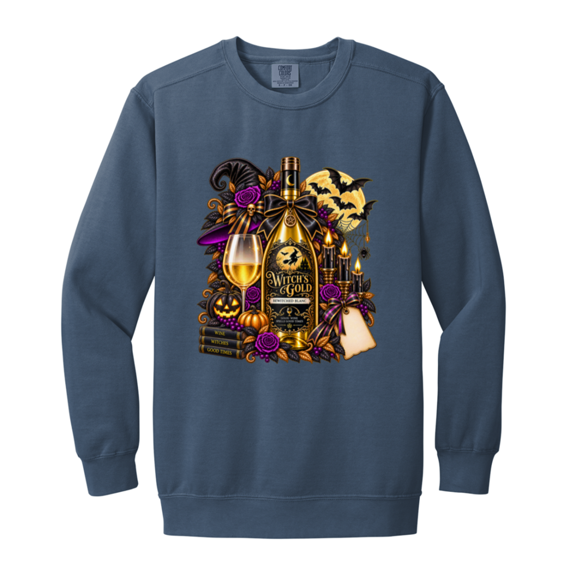 Blue Jean sweatshirt with an elegant gothic Halloween design featuring an ornate golden bottle labeled “Witch's Gold,” surrounded by purple roses, black foliage, pumpkins, glowing candles, bats, spiderwebs, a witch hat, moon, and black-and-purple decorative ribbons on a transparent background