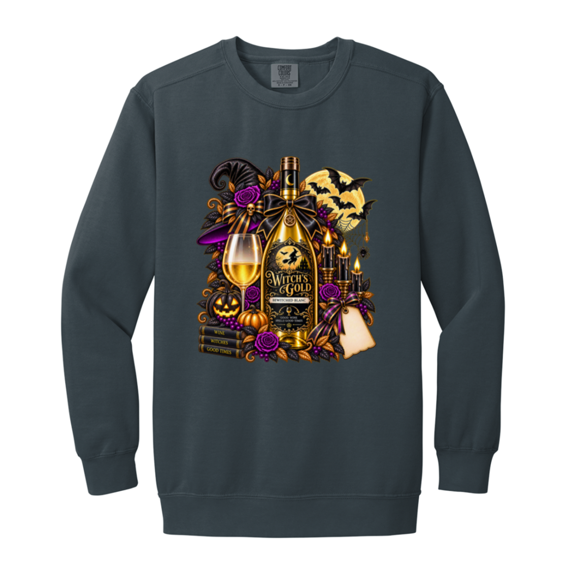 Denim sweatshirt with an elegant gothic Halloween design featuring an ornate golden bottle labeled “Witch's Gold,” surrounded by purple roses, black foliage, pumpkins, glowing candles, bats, spiderwebs, a witch hat, moon, and black-and-purple decorative ribbons on a transparent background