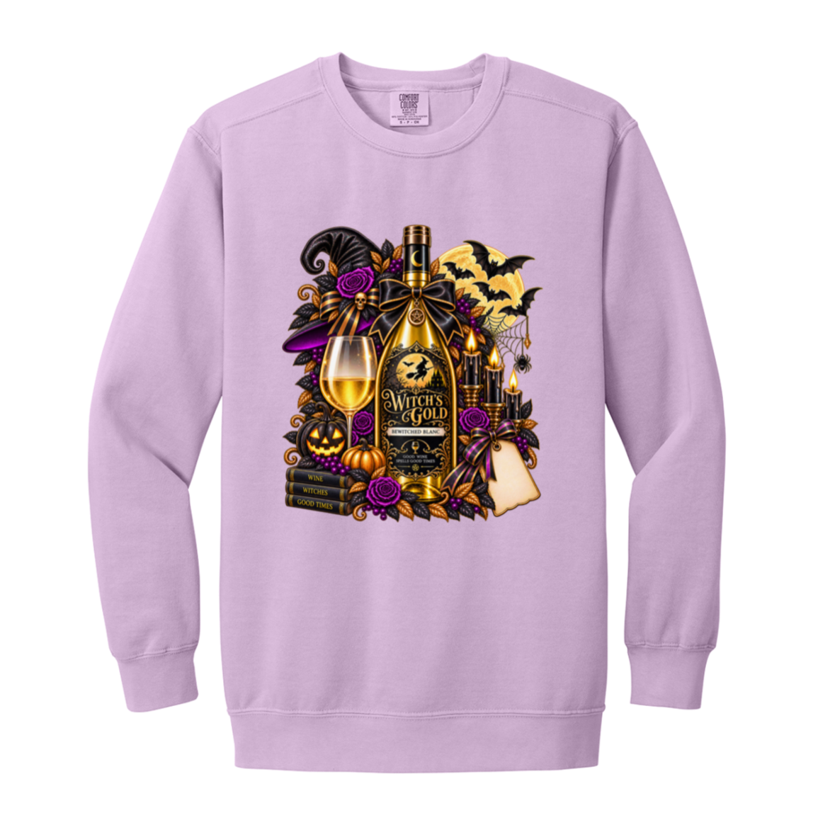 Orchid sweatshirt with an elegant gothic Halloween design featuring an ornate golden bottle labeled “Witch's Gold,” surrounded by purple roses, black foliage, pumpkins, glowing candles, bats, spiderwebs, a witch hat, moon, and black-and-purple decorative ribbons on a transparent background