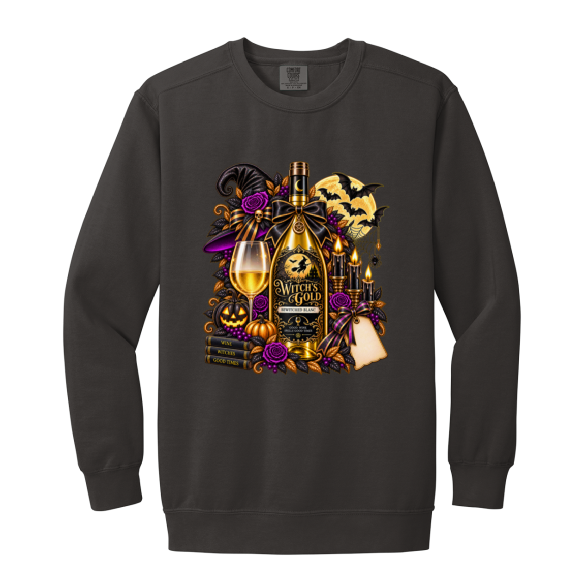 Pepper sweatshirt with an elegant gothic Halloween design featuring an ornate golden bottle labeled “Witch's Gold,” surrounded by purple roses, black foliage, pumpkins, glowing candles, bats, spiderwebs, a witch hat, moon, and black-and-purple decorative ribbons on a transparent background
