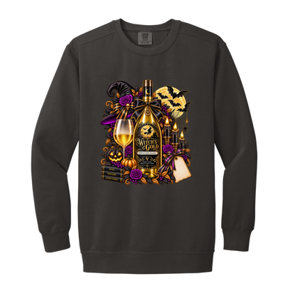 Pepper sweatshirt with an elegant gothic Halloween design featuring an ornate golden bottle labeled “Witch's Gold,” surrounded by purple roses, black foliage, pumpkins, glowing candles, bats, spiderwebs, a witch hat, moon, and black-and-purple decorative ribbons on a transparent background
